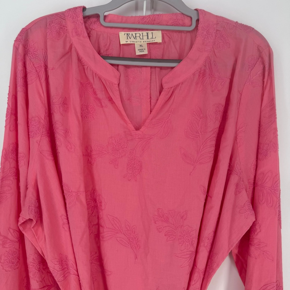 TWRHLL Christie Brinkley Blouse Womens XL Pink Embroidered Tie Waist Boho Top - Picture 4 of 10